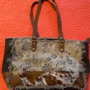 Myra Bag Emerald Upcycled Cowhide Canvas Handbag: